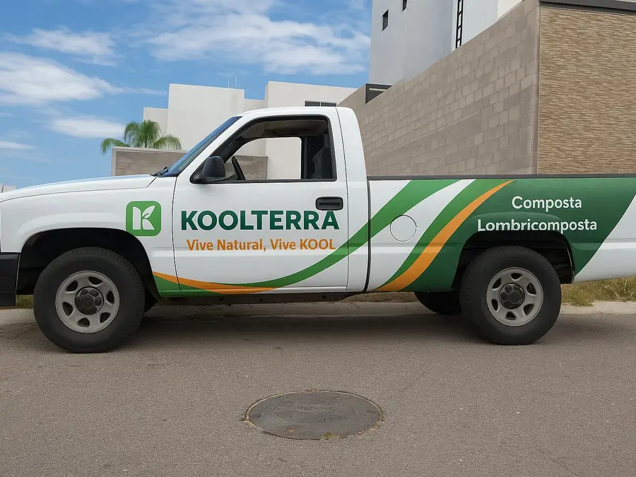 Camioneta de Koolterra cargada con bolsas de composta para entrega en Chihuahua